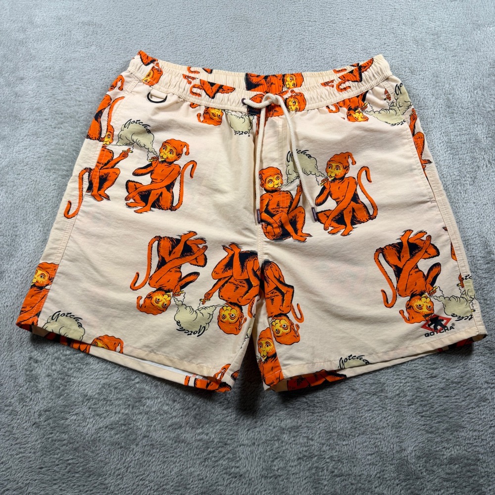 Vintage Gotcha Swim Trunks Mens Small Tan Smoking Monkey Print Board Short
